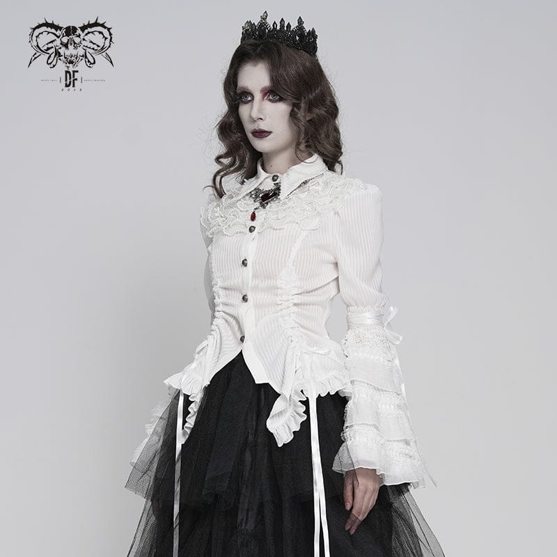 DEVILFASHION Women's Gothic Pinstripe Drawstring Flared Sleeved Shirt White