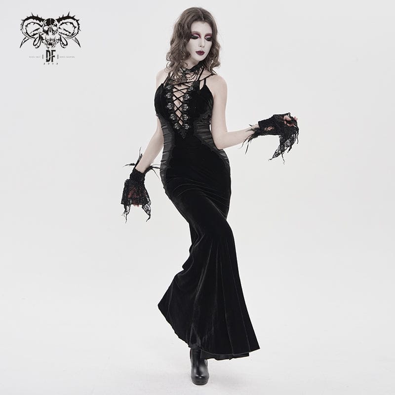 DEVILFASHION Women's Gothic Plunging Pleated Maxi Dress Black