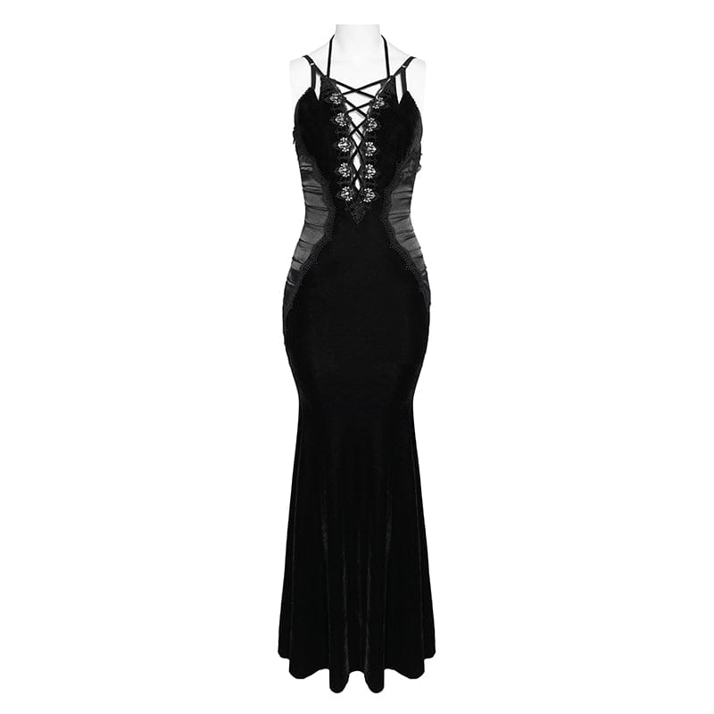 DEVILFASHION Women's Gothic Plunging Pleated Maxi Dress Black