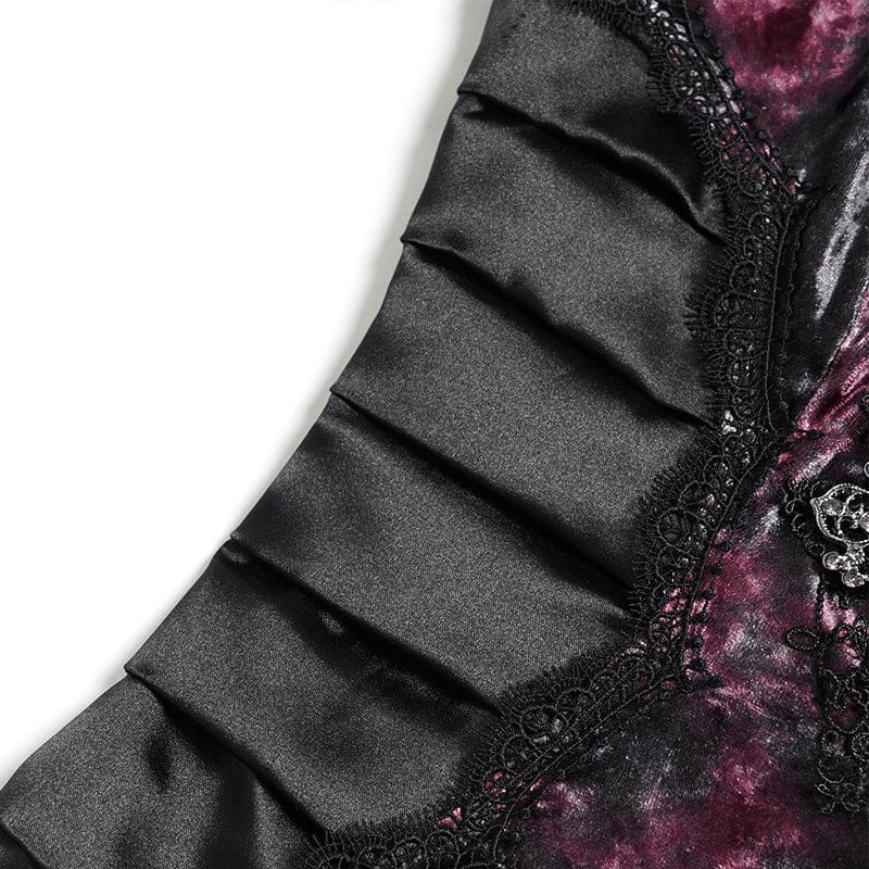 DEVILFASHION Women's Gothic Plunging Pleated Maxi Dress Black-Red