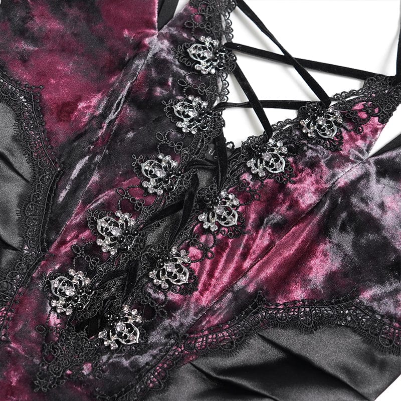 DEVILFASHION Women's Gothic Plunging Pleated Maxi Dress Black-Red