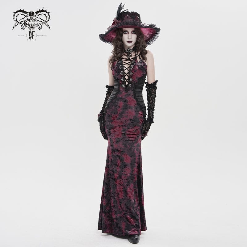 DEVILFASHION Women's Gothic Plunging Pleated Maxi Dress Black-Red
