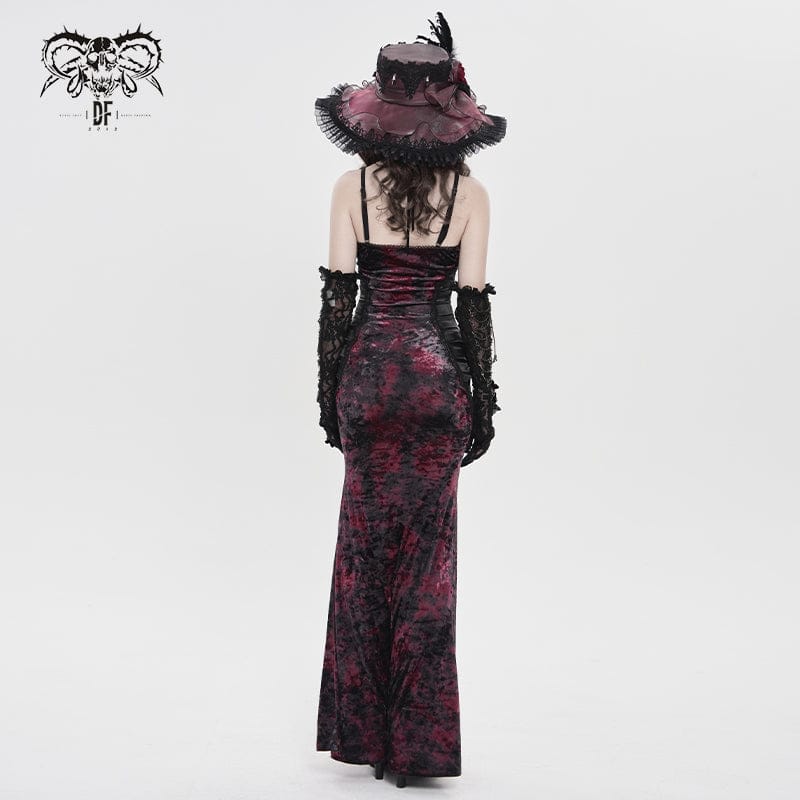 DEVILFASHION Women's Gothic Plunging Pleated Maxi Dress Black-Red