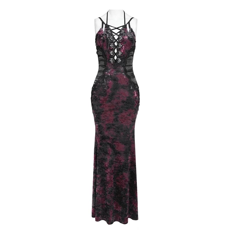 DEVILFASHION Women's Gothic Plunging Pleated Maxi Dress Black-Red
