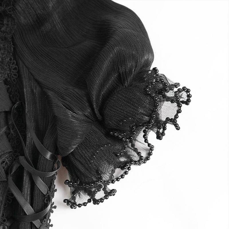 DEVILFASHION Women's Gothic Ruffled Stand Collar Puff Short Sleeved Shirt Black