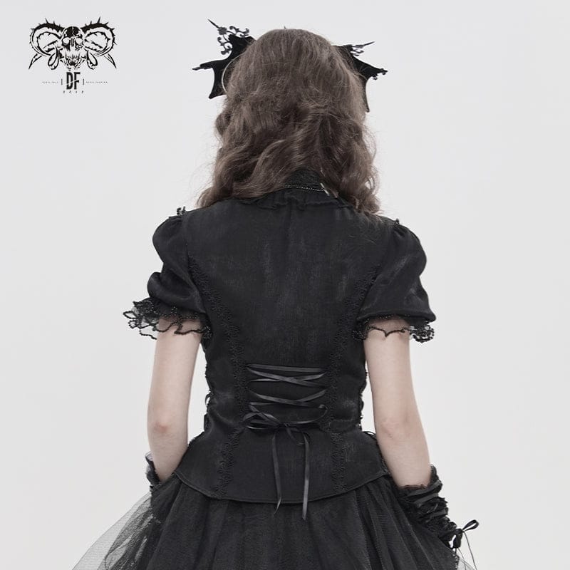 DEVILFASHION Women's Gothic Ruffled Stand Collar Puff Short Sleeved Shirt Black