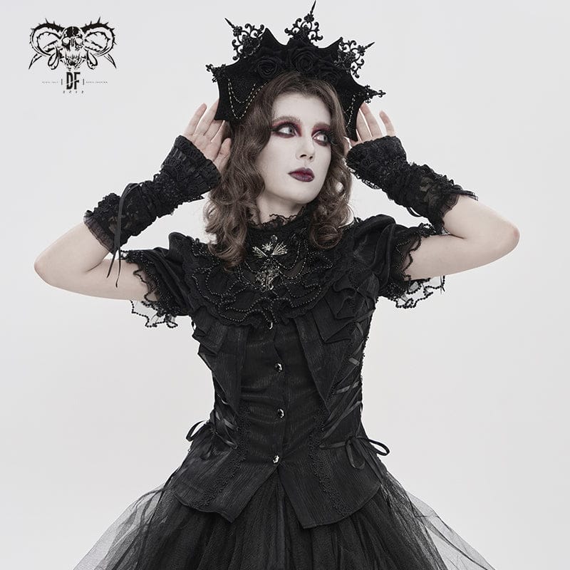 DEVILFASHION Women's Gothic Ruffled Stand Collar Puff Short Sleeved Shirt Black