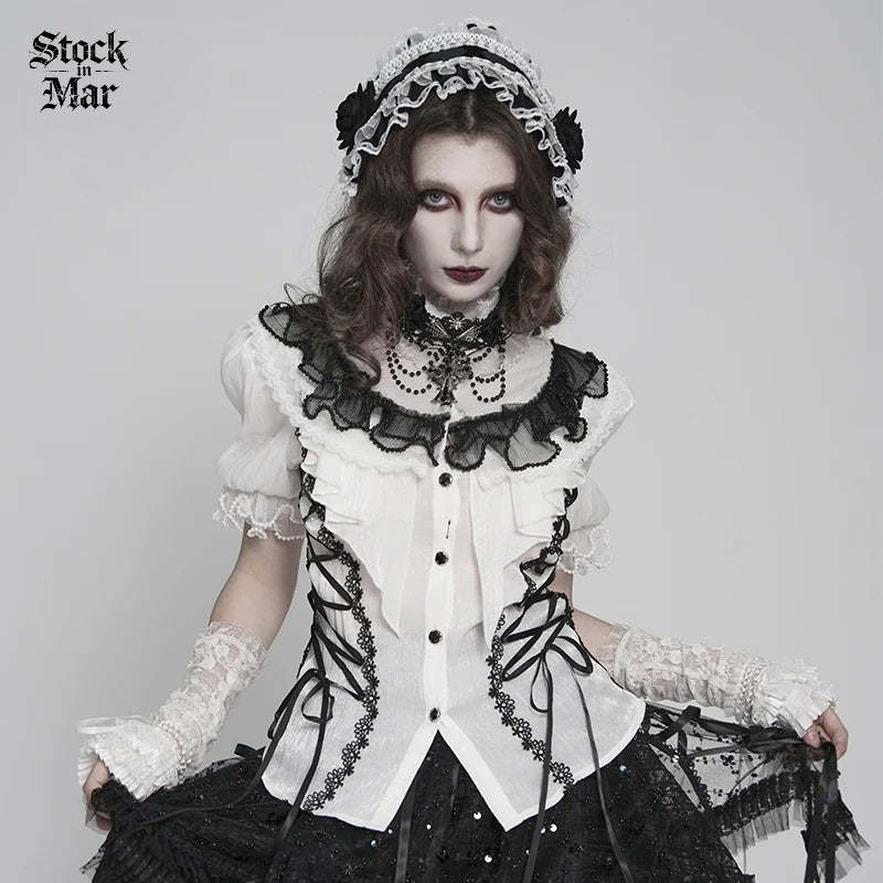 DEVILFASHION Women's Gothic Ruffled Stand Collar Puff Short Sleeved Shirt Black-White
