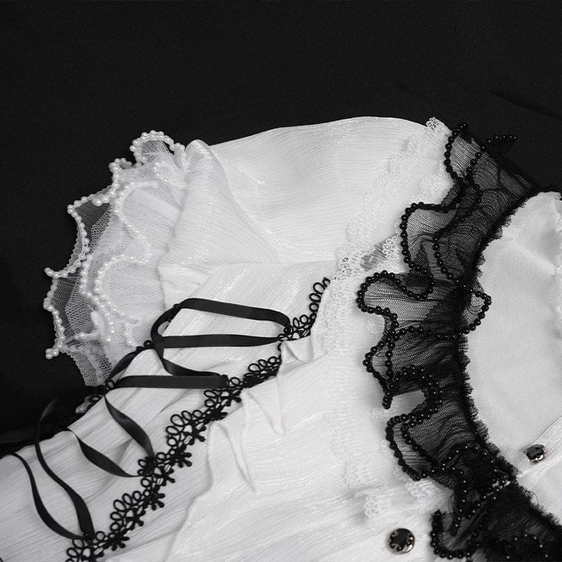 DEVILFASHION Women's Gothic Ruffled Stand Collar Puff Short Sleeved Shirt Black-White