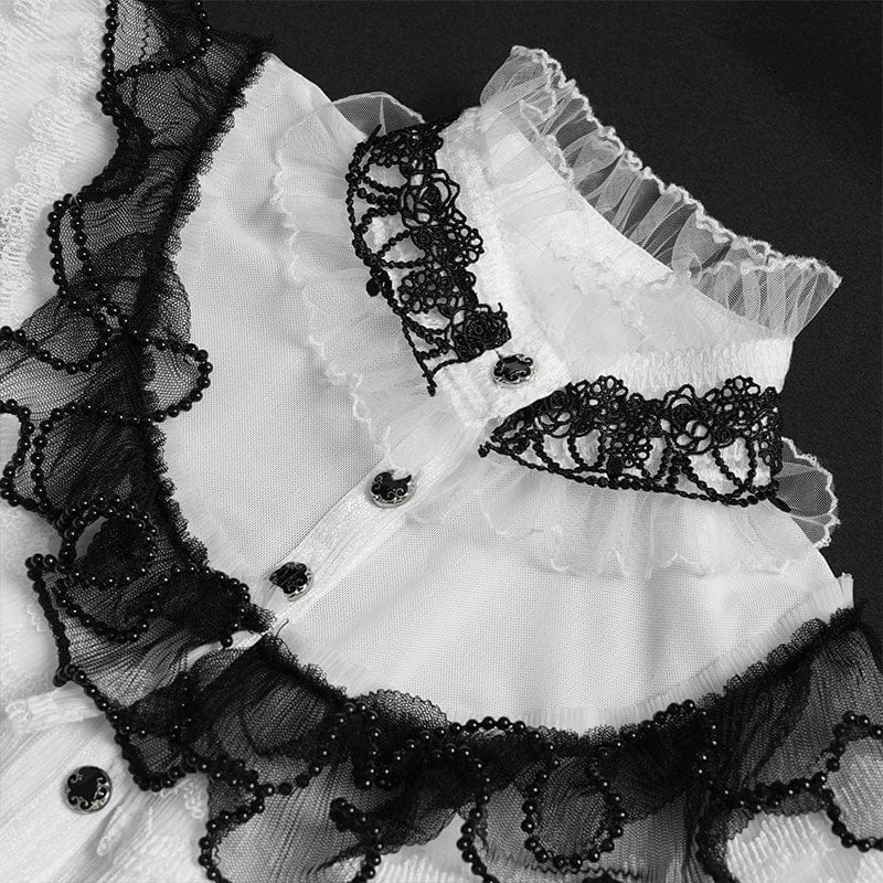 DEVILFASHION Women's Gothic Ruffled Stand Collar Puff Short Sleeved Shirt Black-White