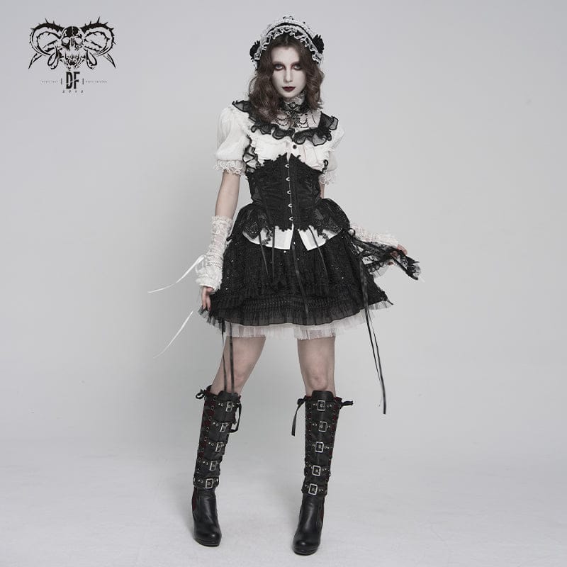 DEVILFASHION Women's Gothic Ruffled Stand Collar Puff Short Sleeved Shirt Black-White