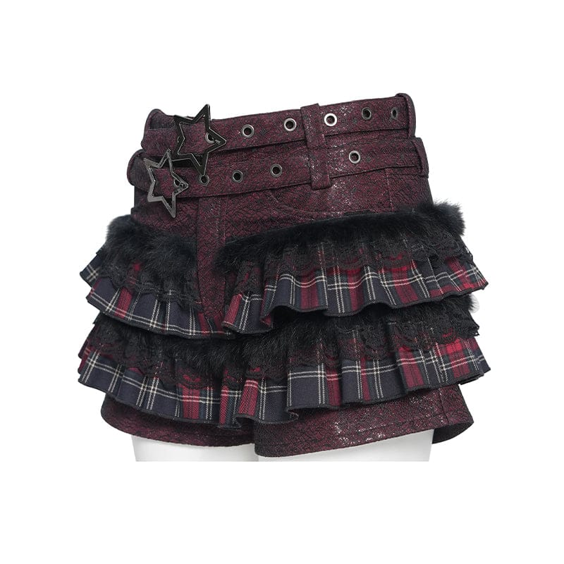 DEVILFASHION Women's Grunge Star Layered Plaid Falbala Shorts