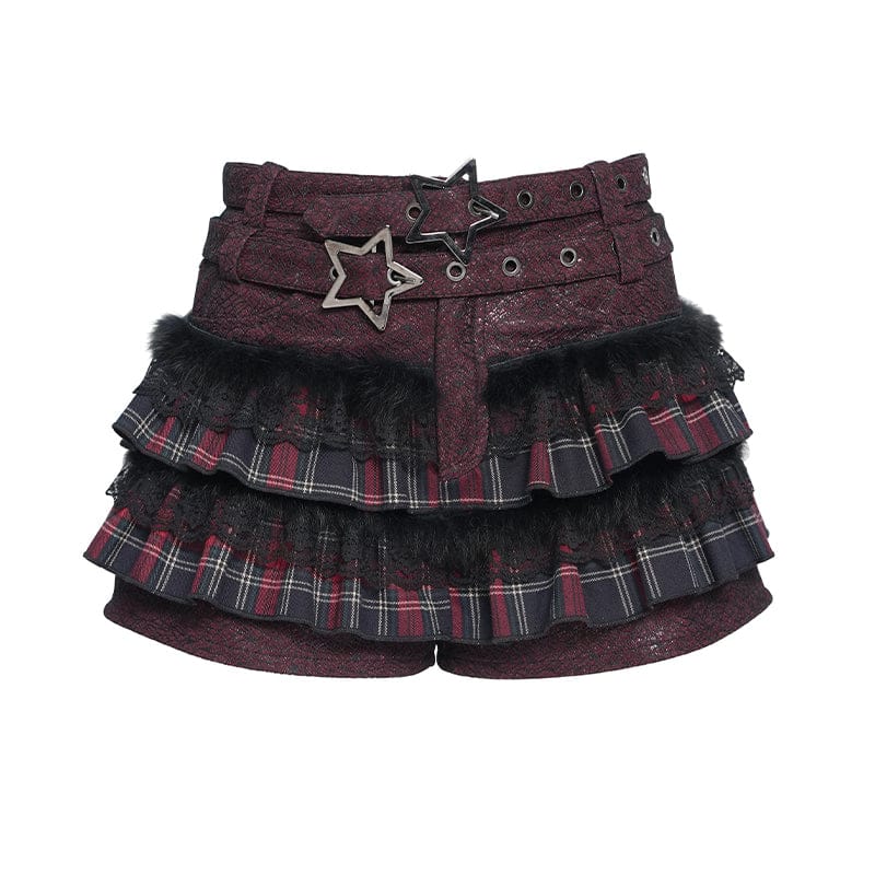 DEVILFASHION Women's Grunge Star Layered Plaid Falbala Shorts