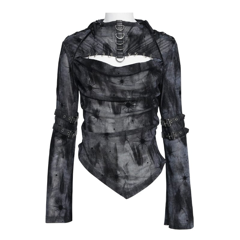 DEVILFASHION Women's Punk Asymmetric Cutout Printed Long Sleeved Shirt