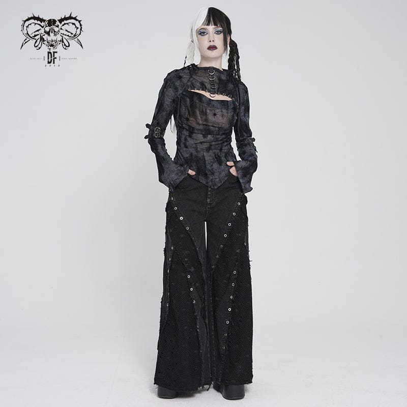 DEVILFASHION Women's Punk Asymmetric Cutout Printed Long Sleeved Shirt