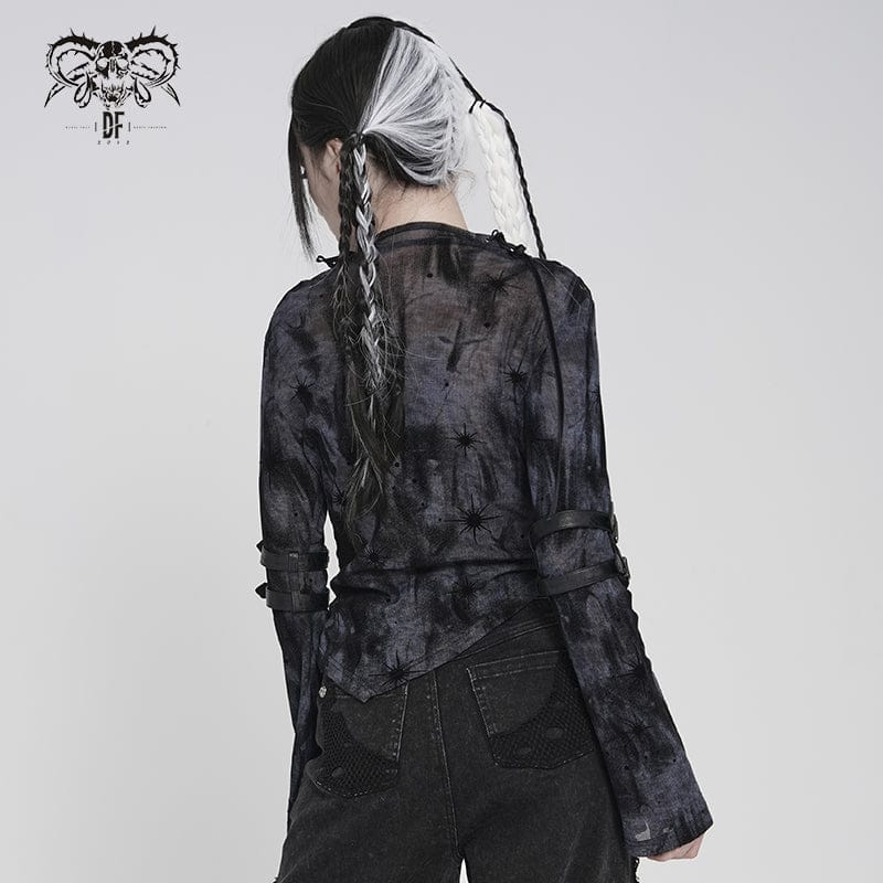 DEVILFASHION Women's Punk Asymmetric Cutout Printed Long Sleeved Shirt
