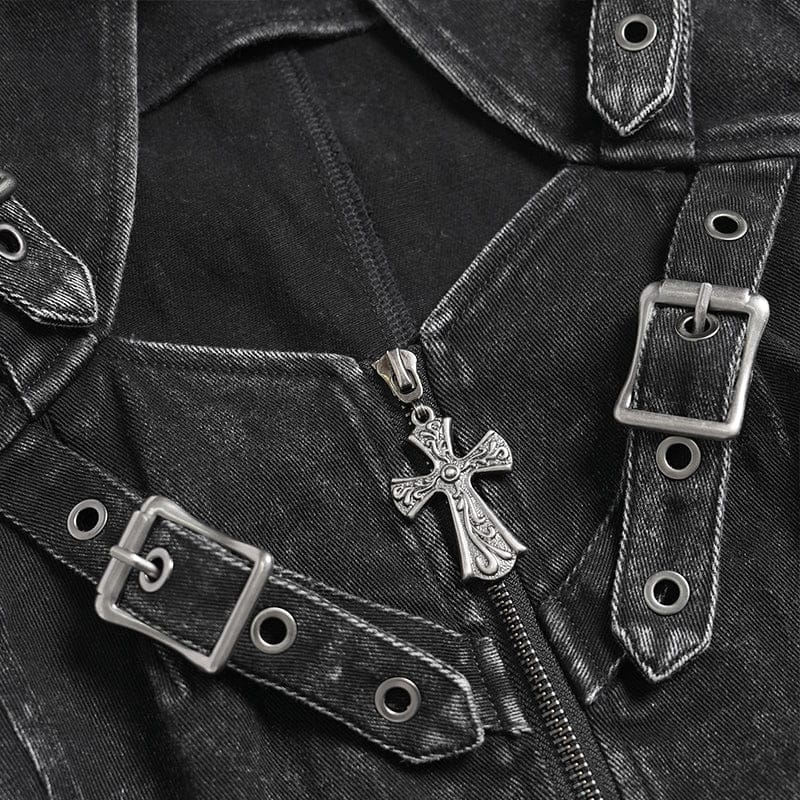 DEVILFASHION Women's Punk Buckle-up Straps Cutout Zip Vest