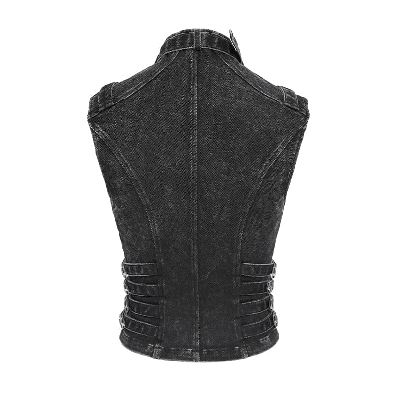 DEVILFASHION Women's Punk Buckle-up Straps Cutout Zip Vest