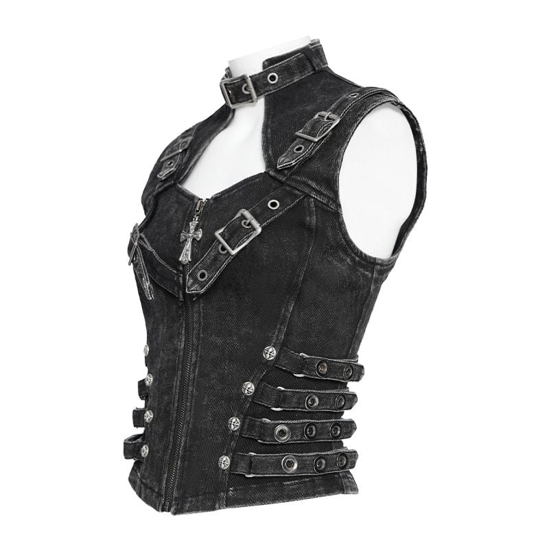 DEVILFASHION Women's Punk Buckle-up Straps Cutout Zip Vest