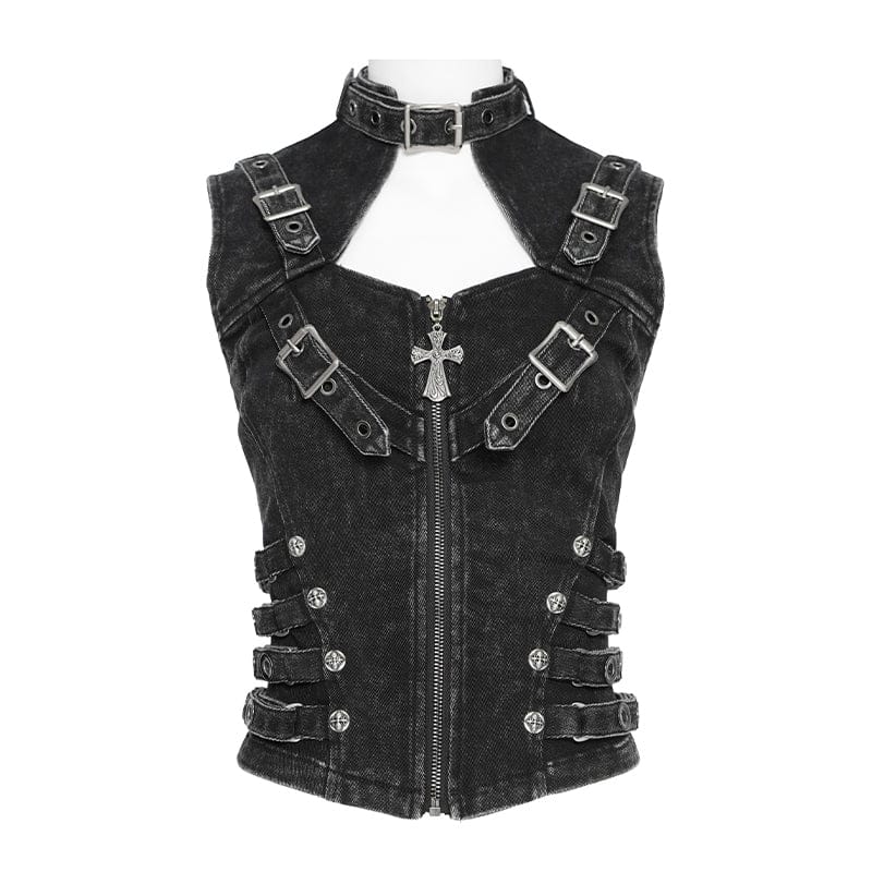 DEVILFASHION Women's Punk Buckle-up Straps Cutout Zip Vest