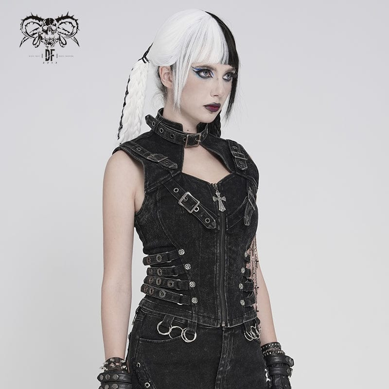 DEVILFASHION Women's Punk Buckle-up Straps Cutout Zip Vest