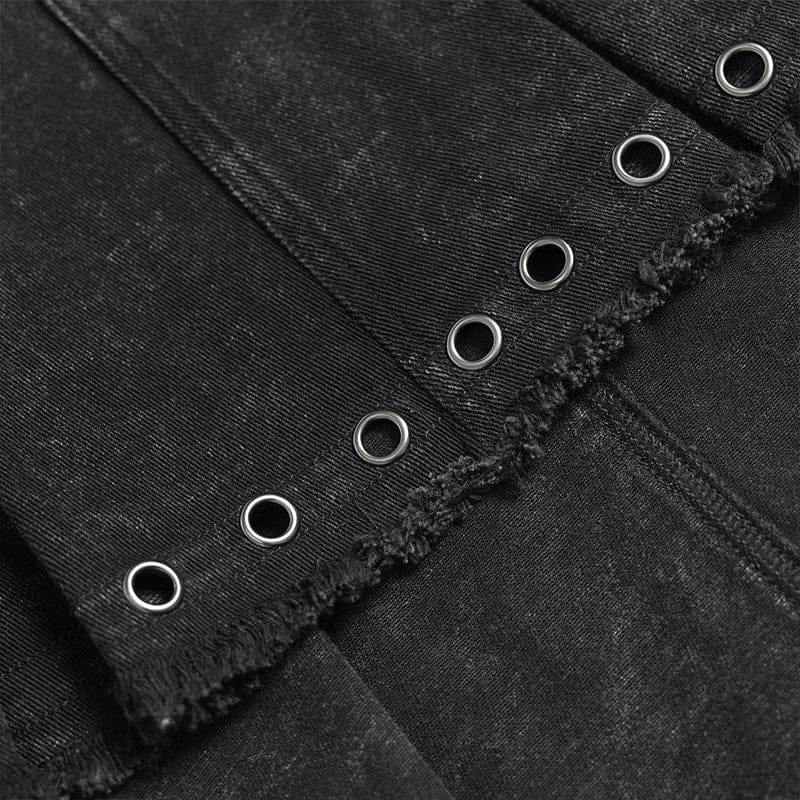 DEVILFASHION Women's Punk Cross Eyelets High/Low Pleated Skirt