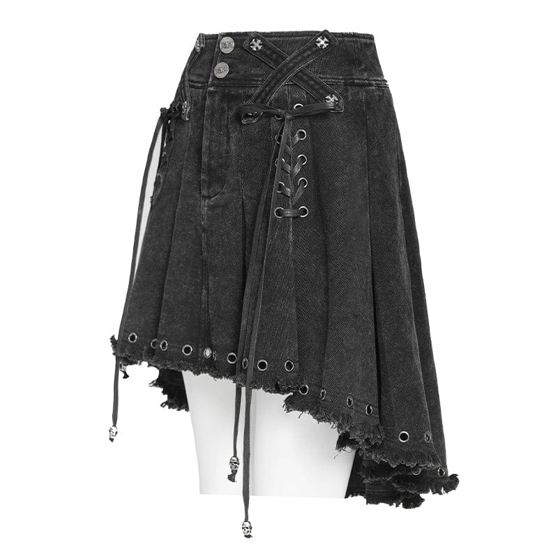 DEVILFASHION Women's Punk Cross Eyelets High/Low Pleated Skirt