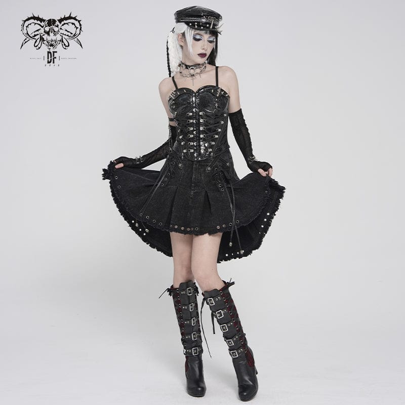 DEVILFASHION Women's Punk Cross Eyelets High/Low Pleated Skirt
