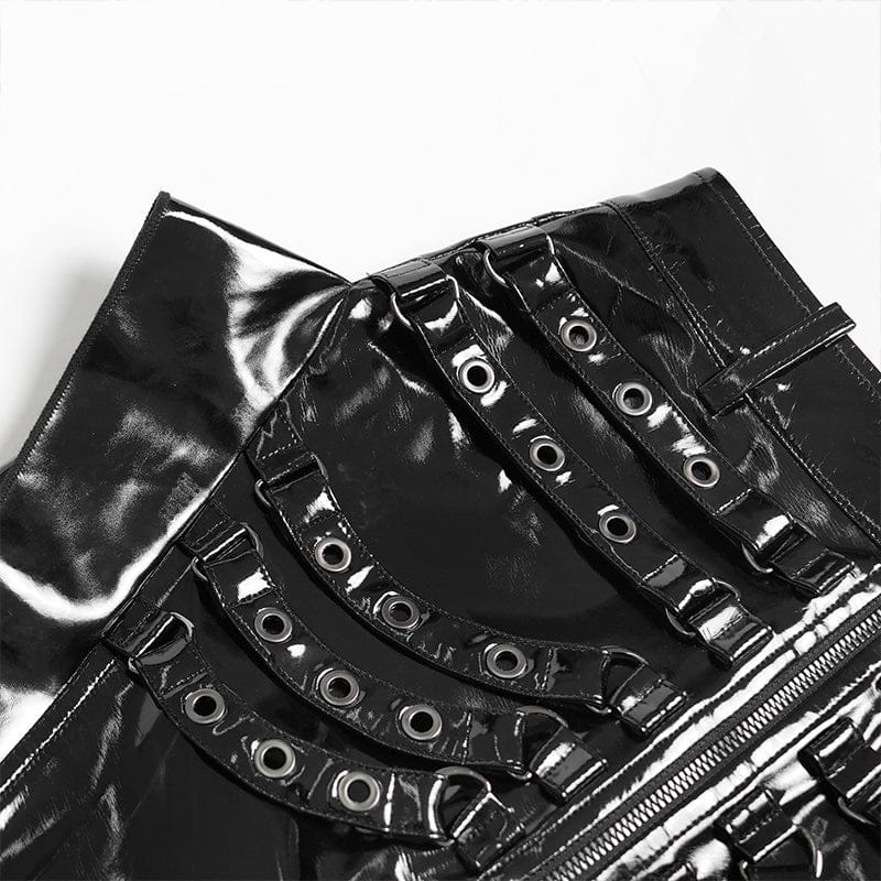 DEVILFASHION Women's Punk Eyelet Straps Zip Long Skirt