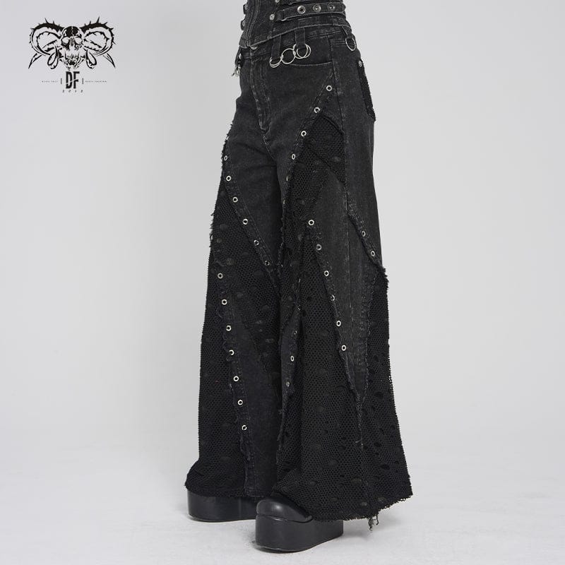 DEVILFASHION Women's Punk Eyelets Layered Ripped Pants
