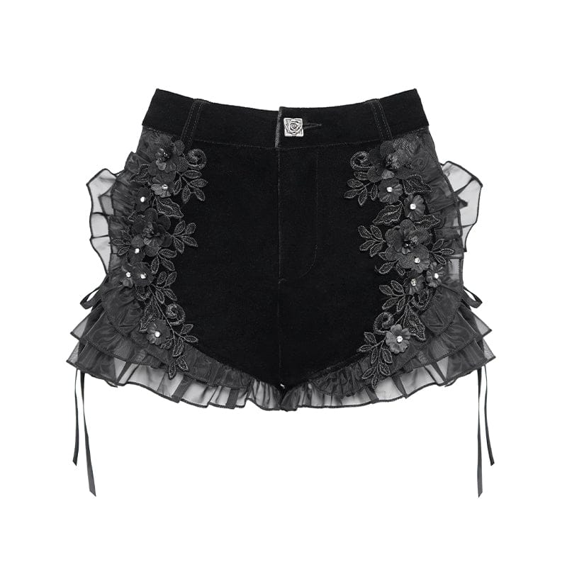 DEVILFASHION Women's Punk Floral Mesh Ruffled Lace-up Shorts