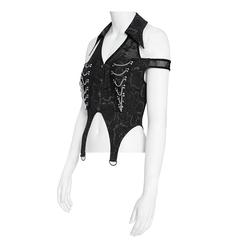 DEVILFASHION Women's Punk Irregular Chained Off Shoulder Vest