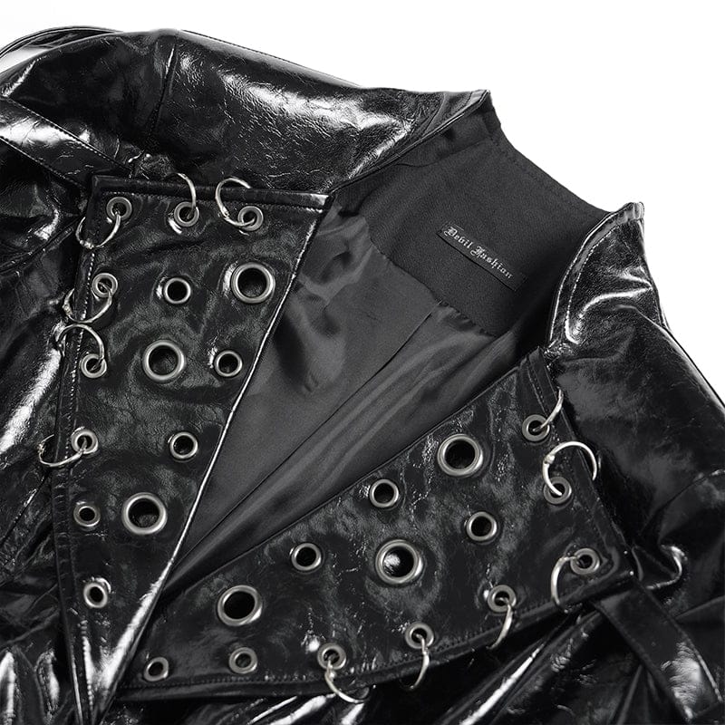 DEVILFASHION Women's Punk Irregular Eyelets & Rings Turn-down Collar Jacket Black