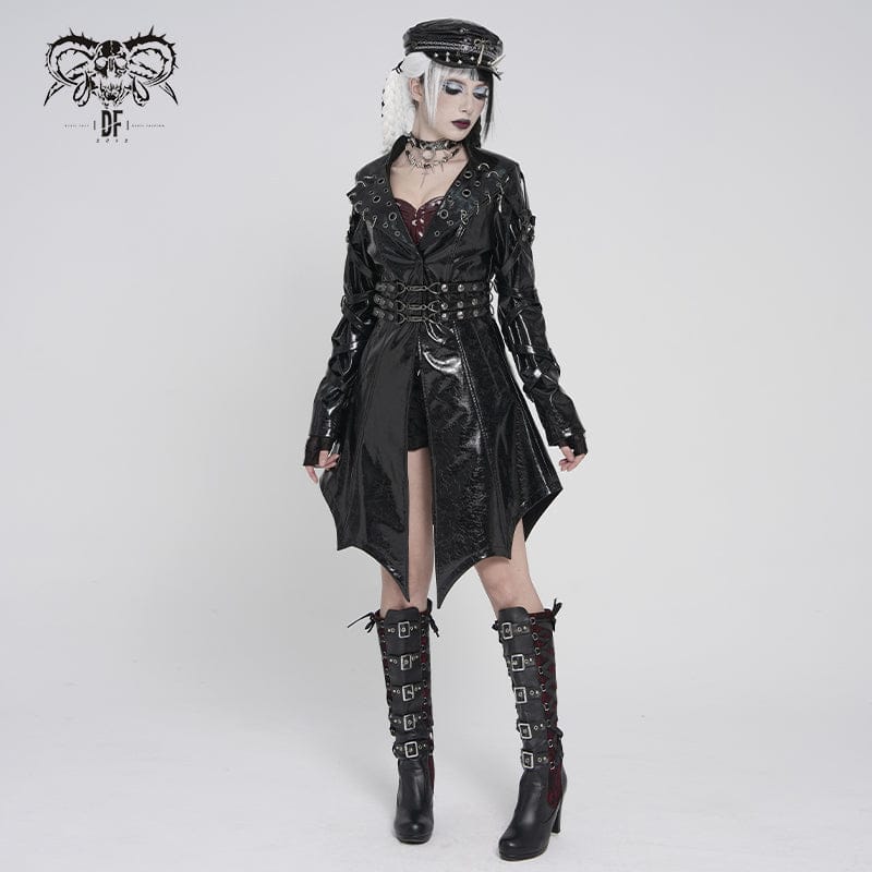 DEVILFASHION Women's Punk Irregular Eyelets & Rings Turn-down Collar Jacket Black