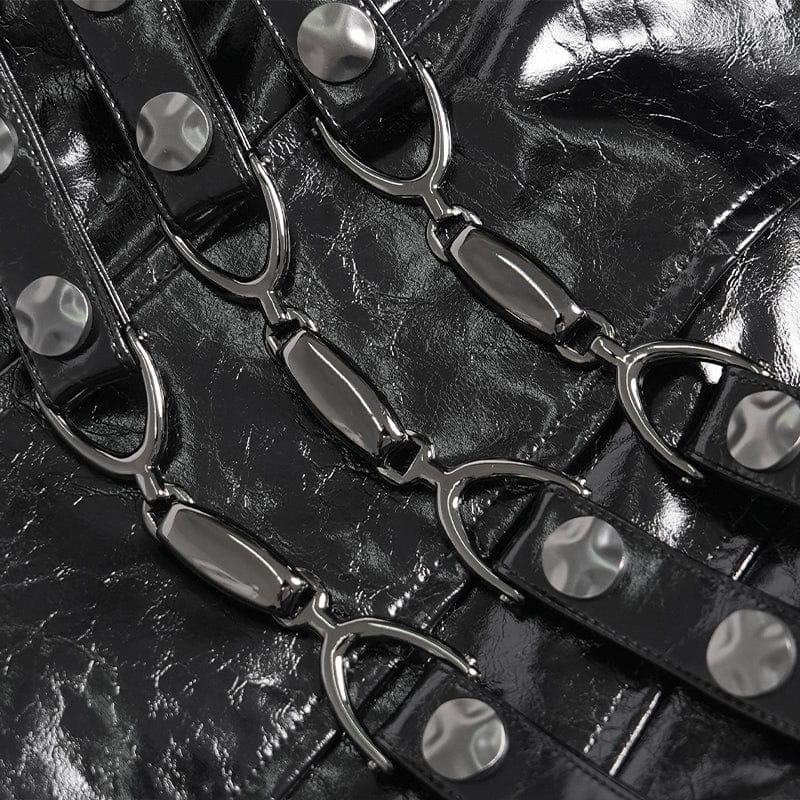 DEVILFASHION Women's Punk Irregular Eyelets & Rings Turn-down Collar Jacket Black