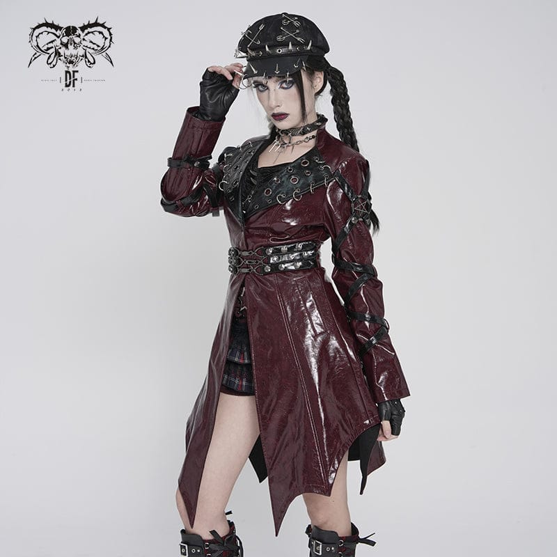 DEVILFASHION Women's Punk Irregular Eyelets & Rings Turn-down Collar Jacket Black-Red