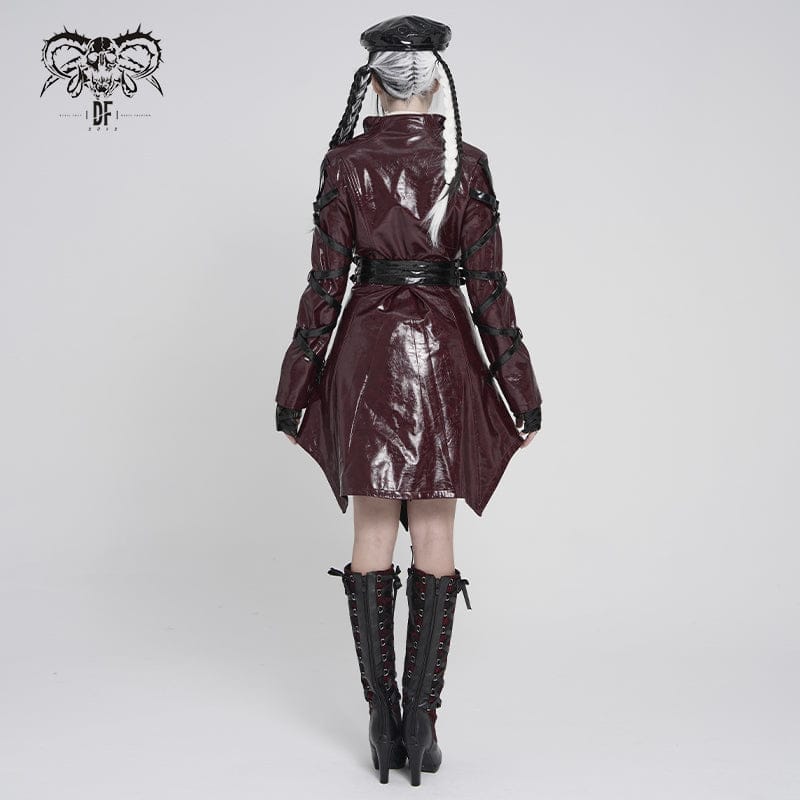 DEVILFASHION Women's Punk Irregular Eyelets & Rings Turn-down Collar Jacket Black-Red