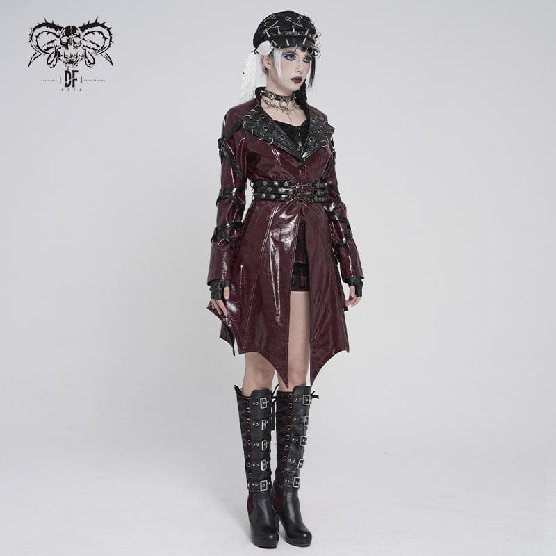 DEVILFASHION Women's Punk Irregular Eyelets & Rings Turn-down Collar Jacket Black-Red