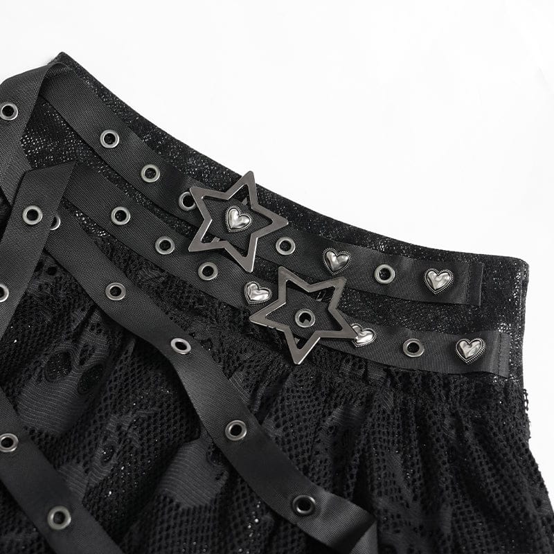 DEVILFASHION Women's Punk Irregular Skull Eyelet Straps Mesh Skirt Black