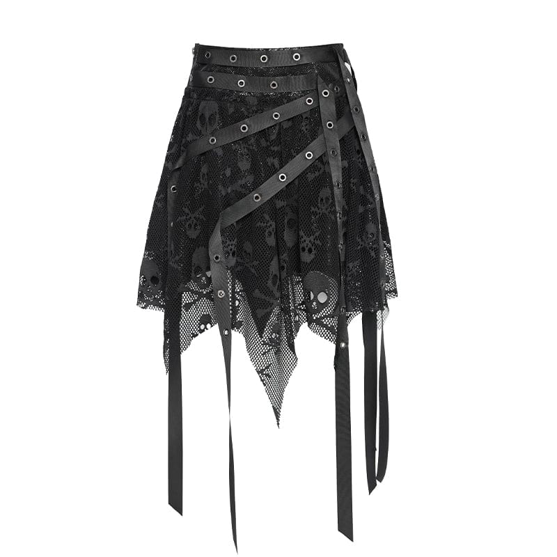 DEVILFASHION Women's Punk Irregular Skull Eyelet Straps Mesh Skirt Black