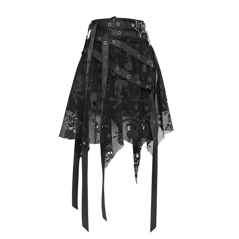 DEVILFASHION Women's Punk Irregular Skull Eyelet Straps Mesh Skirt Black
