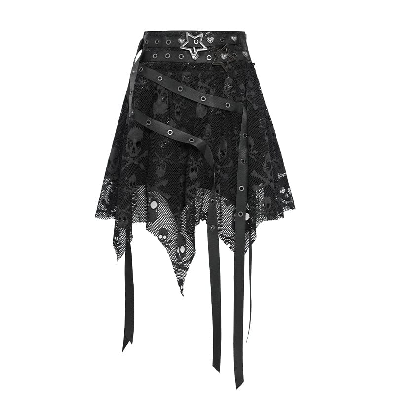 DEVILFASHION Women's Punk Irregular Skull Eyelet Straps Mesh Skirt Black