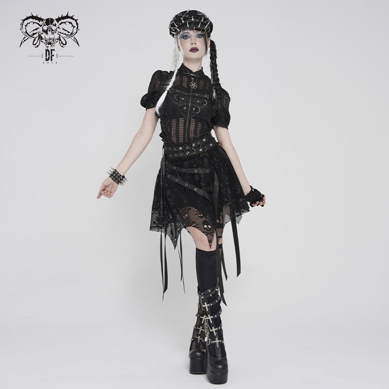 DEVILFASHION Women's Punk Irregular Skull Eyelet Straps Mesh Skirt Black