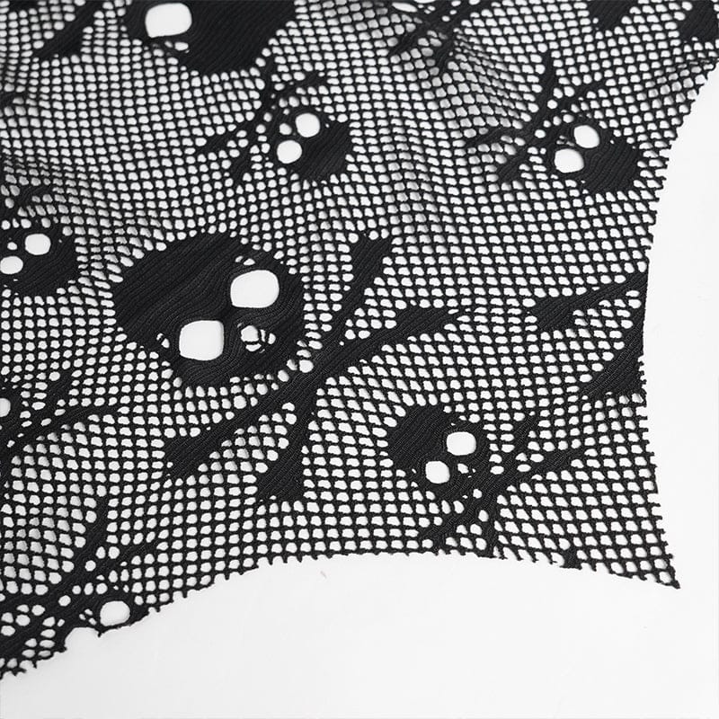 DEVILFASHION Women's Punk Irregular Skull Eyelet Straps Mesh Skirt Black-Red