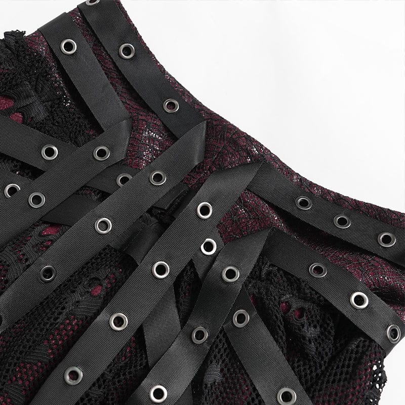 DEVILFASHION Women's Punk Irregular Skull Eyelet Straps Mesh Skirt Black-Red