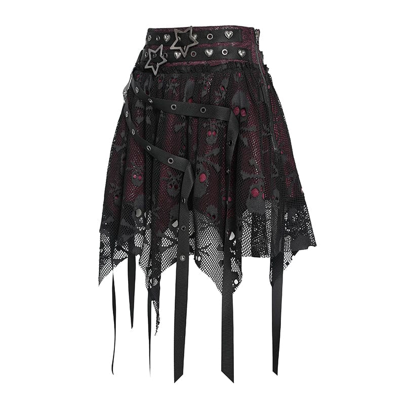 DEVILFASHION Women's Punk Irregular Skull Eyelet Straps Mesh Skirt Black-Red