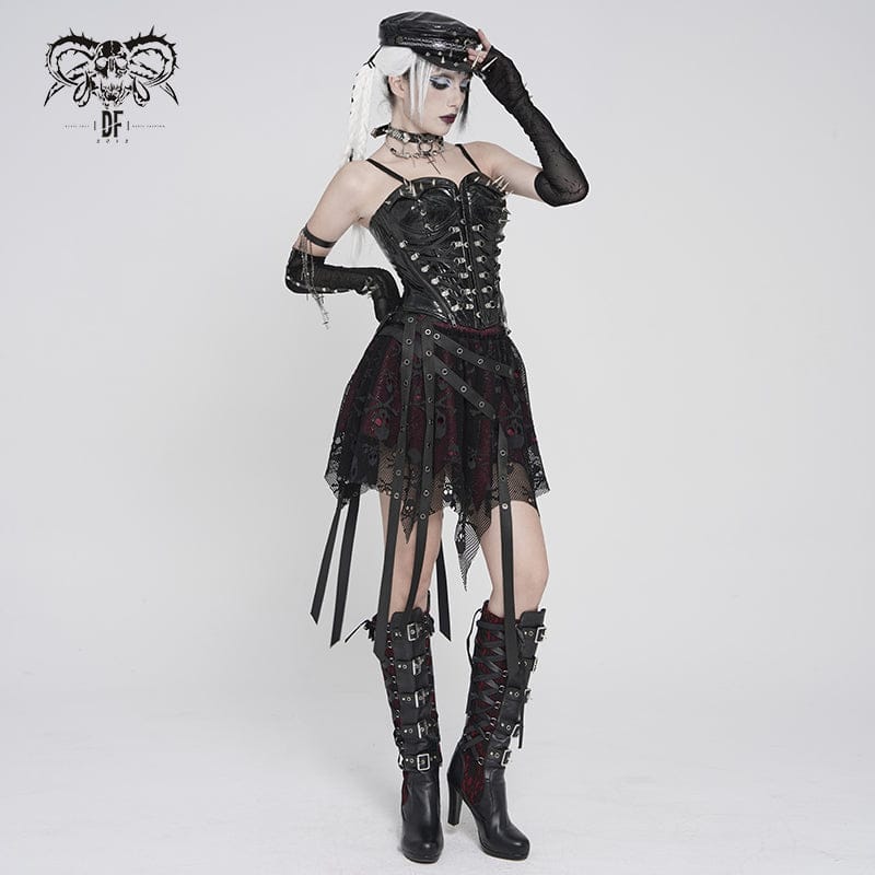 DEVILFASHION Women's Punk Irregular Skull Eyelet Straps Mesh Skirt Black-Red