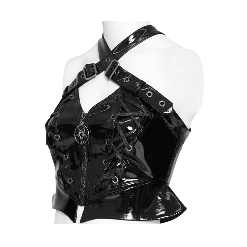 DEVILFASHION Women's Punk Pentacle Buckle-up Strap Zip Vest