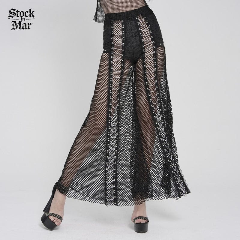 DEVILFASHION Women's Punk Rivets Chained Mesh Pants