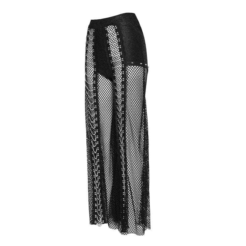 DEVILFASHION Women's Punk Rivets Chained Mesh Pants